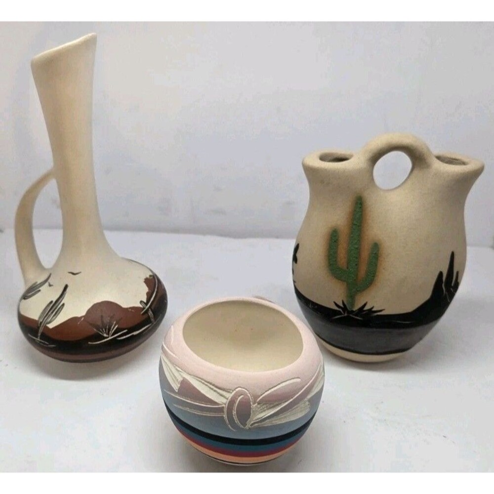 3pc Vintage Southwest Art Pottery Lot Signed Juan Redeye Navajo & Tawa Cactus